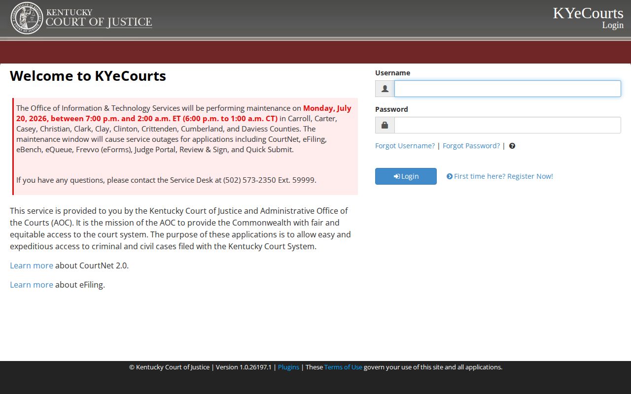 Kentucky Court of Justice case lookup sign-in page