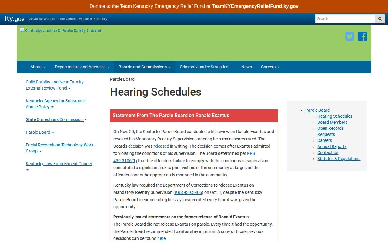 Kentucky Parole Board post-release supervision hearing schedules